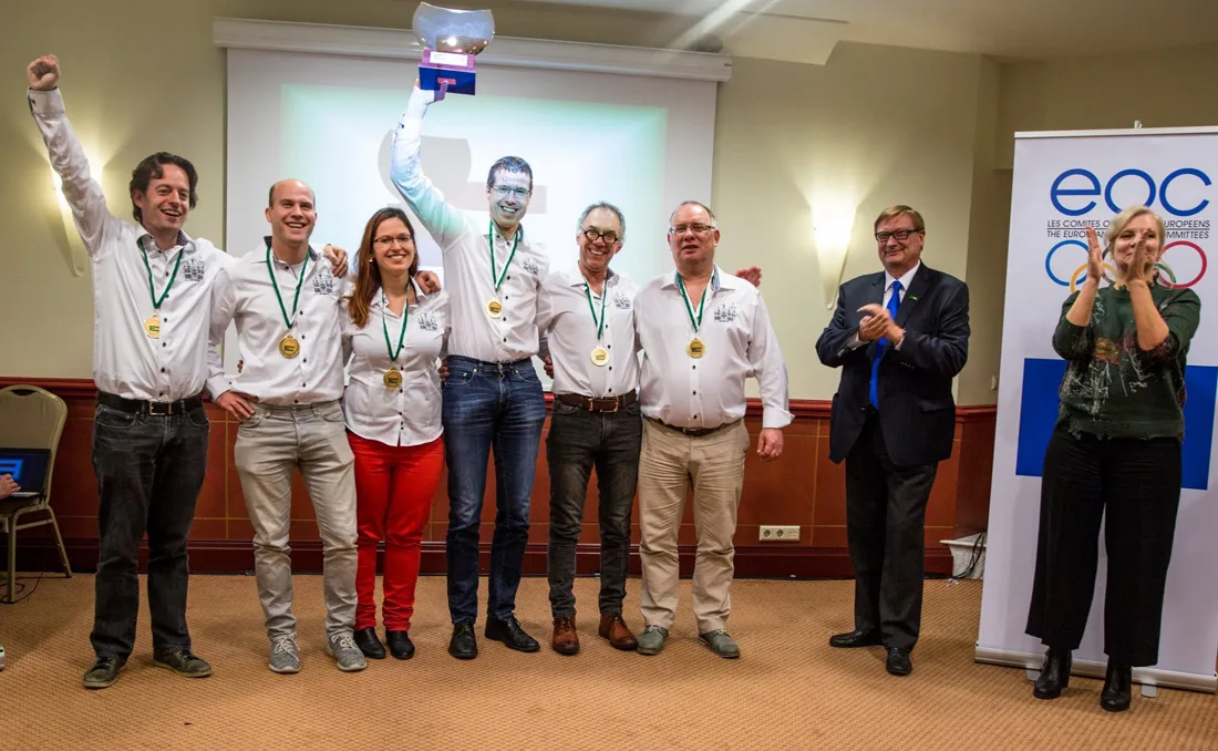 The winning team celebrates the 2017 Champions Cup in Riga with medals and the trophy